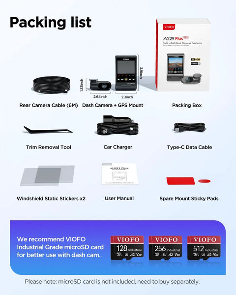 Packing list for A229 Plus Dual Dash Cam Front And Rear With STARVIS 2 Sensors HDR 2 Channel 1440P Front And 1440P Rear Video