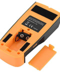 Back view of 3 in 1 Stud Finder Wall Scanner with Live Wire Detector, showing battery compartment and orange casing.