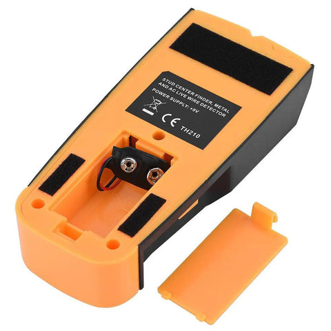Back view of 3 in 1 Stud Finder Wall Scanner with Live Wire Detector, showing battery compartment and orange casing.