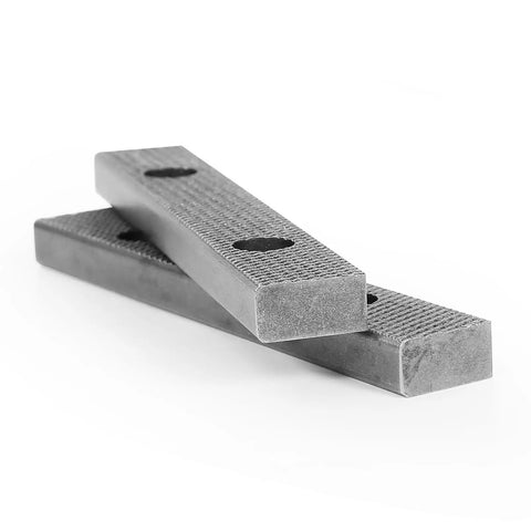 6 Inch Hardened Steel Vise Jaw Plates Pair With Mounting Screws For Bench Tools, two textured steel plates stacked, ideal for increased grip.
