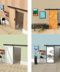 Heavy Duty Barn Door Track Kit With Hook Hanger And Smooth Guide Rail Roller System Rust Resistant Sliding Door Hardware Set With Full Accessories Built To Last And Easy Install For Home Projects 1.83m Package A installed in various room settings.