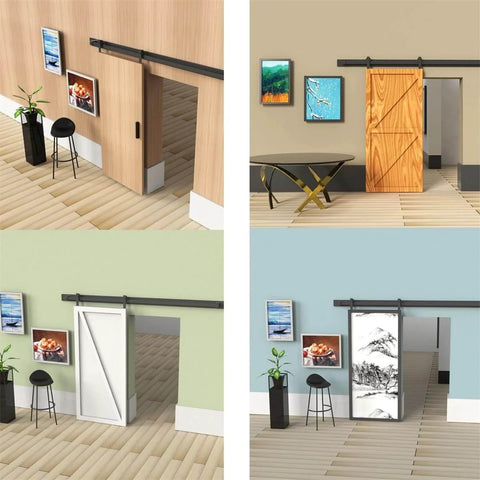Heavy Duty Barn Door Track Kit With Hook Hanger And Smooth Guide Rail Roller System Rust Resistant Sliding Door Hardware Set With Full Accessories Built To Last And Easy Install For Home Projects 1.83m Package A installed in various room settings.