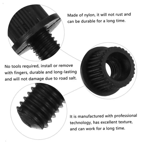 Close-up of 4 Pack Black Nylon Motorcycle License Plate Bolts and Screws for Bikes and Scooters Rust Resistant Easy Install Fasteners