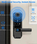 WiFi Smart Deadbolt With Handle And Video Peephole For City Pros In Upscale Apartments And Condos, Fingerprint And PIN Keyless Entry, IC Card Access, Remote App Control, Anti Peeping Security, Black installed on door.