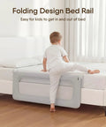 Child climbing over 47 Inch Toddler Bed Rail Foldable Baby Guard Built For Safer Sleep And Calm Nights Snug No Gap Mattress Fit