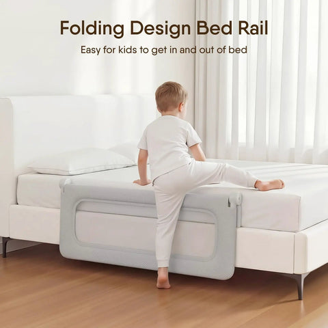 Child climbing over 47 Inch Toddler Bed Rail Foldable Baby Guard Built For Safer Sleep And Calm Nights Snug No Gap Mattress Fit