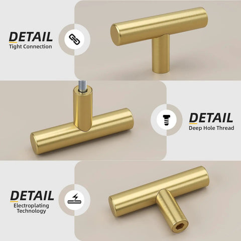 10 Pack Gold Cabinet Knobs Brushed Brass Drawer Knobs For Kitchen Cabinets Closet Doors Gold Dresser Hardware Single Hole Handles Two Inch Overall Length showing details of tight connection, deep hole thread, and electroplating technology.