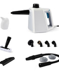 Kick Grime To The Curb With This Heavy Duty Handheld Steam Cleaner Featuring Nine Nifty Attachments, shown with tools.