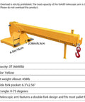 Forklift Jib Boom Crane With 6000 Lb Capacity, Adjustable Telescopic Boom, Dual Hook Hoist, 0 To 75 Degree Tilt, Rock Solid Steel Mobile Crane Rig, Smooth Towing And Load Shifting Attachments, yellow telescopic arm.