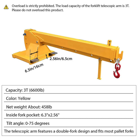 Forklift Jib Boom Crane With 6000 Lb Capacity, Adjustable Telescopic Boom, Dual Hook Hoist, 0 To 75 Degree Tilt, Rock Solid Steel Mobile Crane Rig, Smooth Towing And Load Shifting Attachments, yellow telescopic arm.
