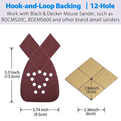 No Fuss Mouse Sander Sanding Pads Set, 50 Pack With 60 80 120 150 And 220 Grits, 5 1/4 Inch By 3 3/4 Inch, 12 Hole Hook And Loop Paper