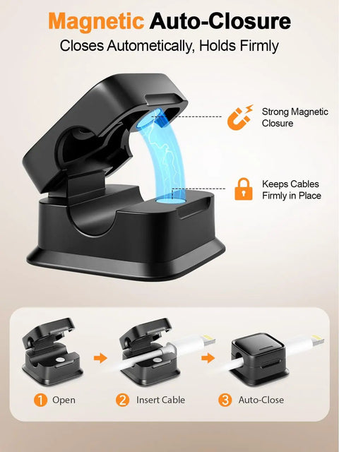 8 Pack Cord Organizer Holders With Strong Adhesive Magnetic Cable Management shows auto-closure feature