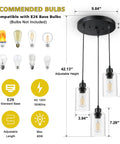 Sleek 3 Light Cluster Pendant In Black With Clear Glass Shades Adjustable Vintage Hanging Light For Kitchen Island Dining Room Foyer And Hallway E26 Base Fixture - dimensions and compatible bulbs shown