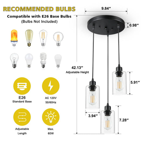 Sleek 3 Light Cluster Pendant In Black With Clear Glass Shades Adjustable Vintage Hanging Light For Kitchen Island Dining Room Foyer And Hallway E26 Base Fixture - dimensions and compatible bulbs shown
