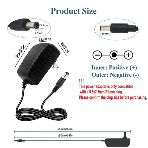 No Fuss 24V 1A Power Supply Adapter 100-240V AC To 24V DC Switching Converter with plug size and dimensions highlighted