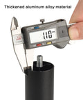 Close-up of a caliper measuring the M8 screw hole diameter of a solid aluminum furniture leg for secure installation.