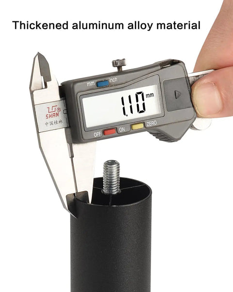 Close-up of a caliper measuring the M8 screw hole diameter of a solid aluminum furniture leg for secure installation.