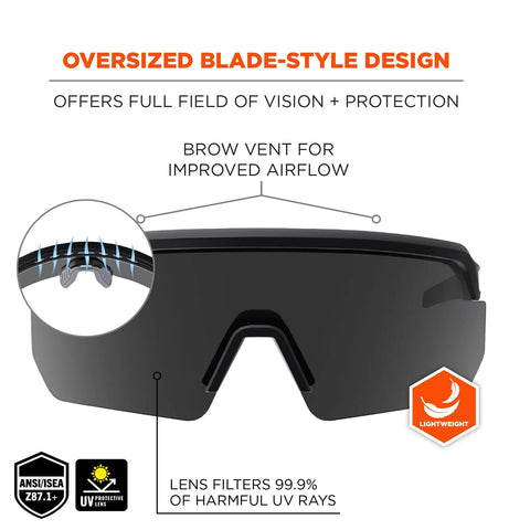 Front view of Oversized Blade Style Anti Fog Safety Glasses Featuring Polarized Tinted Lenses With Anti Scratch Coating for tough job sites.