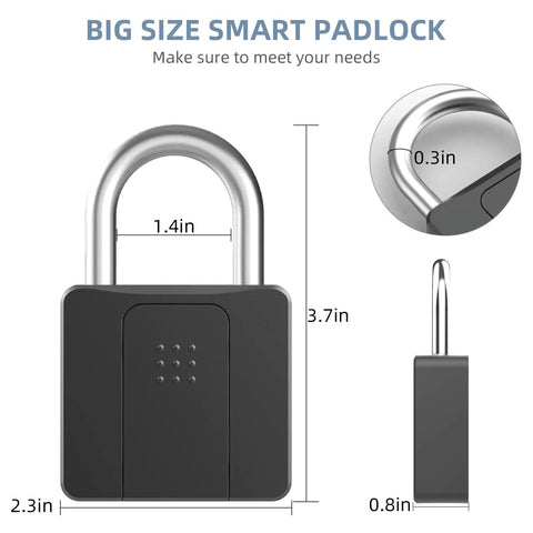 Smart Fingerprint Padlock With Waterproof Design, Key Backup, Mobile App Control, dimensions shown