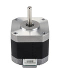 Front view of NEMA 17 stepper motor with protruding shaft, silver aluminum housing, black body, and white connector.