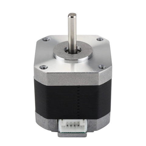 Front view of NEMA 17 stepper motor with protruding shaft, silver aluminum housing, black body, and white connector.