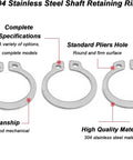 304 Stainless Steel External Circlips showing specifications, perfect for locking automobile valve parts and shafts.