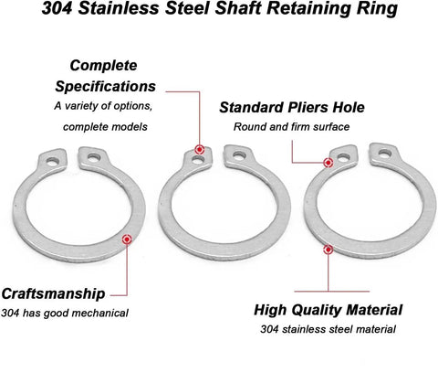 304 Stainless Steel External Circlips showing specifications, perfect for locking automobile valve parts and shafts.