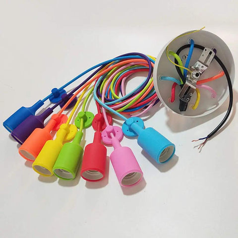 Eight-Arm Spider Pendant Light Chandelier For Kids Room And Living Areas, showing multicolored E26 bulb bases and wires.