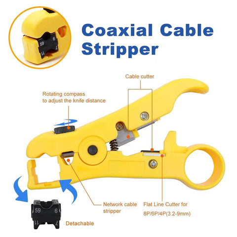 Coaxial Cable Crimping Kit With 20 F Compression Connectors Adjustable For RG6 RG59 RG11 RG58 RG7 cable stripper tool.