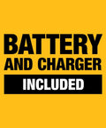 Battery and charger included sign for Kick-Ass 20V Max Brushless Cordless 3-Tool Combo Kit showcasing essential accessories.
