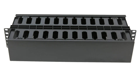 2U Horizontal Double Sided Finger Duct Cable Manager For 19 Inch Rack Mount With 12 Slots On Each Side Lightweight Black Design