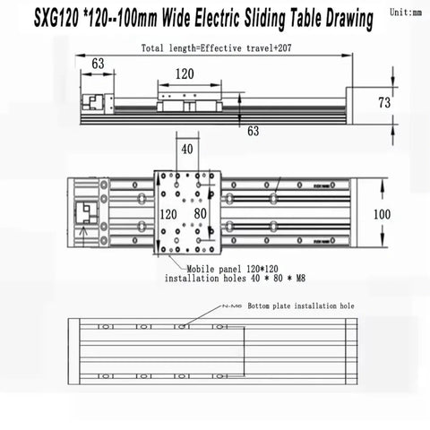 SXG120 electric sliding table drawing, detailing 100mm width, installation holes, and dimensions for precise CNC use.