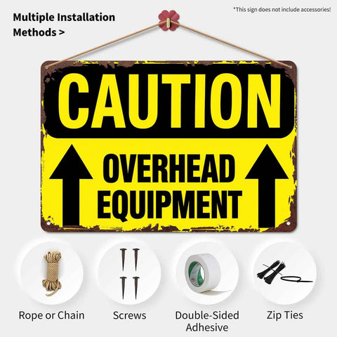 Funny Dope Caution Overhead Equipment Metal Sign 8x12 Inch Aluminum Wall Decor with hanging tools displayed