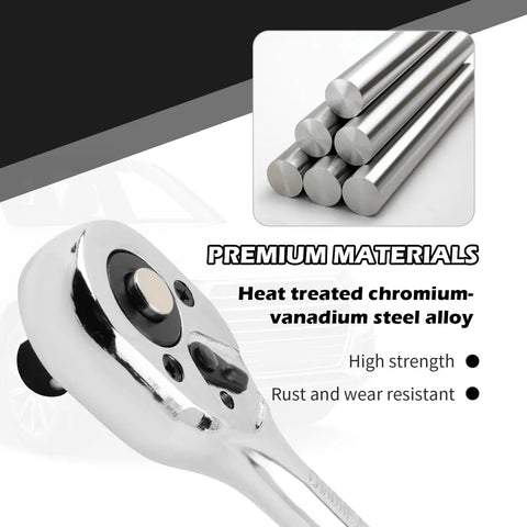 Eight Inch Dual Direction Ratchet Wrench With Three Eighths Drive Ideal For Filter Spark Plug Lug Nut Sockets Universal Quick Release Multi Purpose Car Repair Tool Durable Steel Construction For Easy Auto Home Shop Use with chromium-vanadium steel alloy