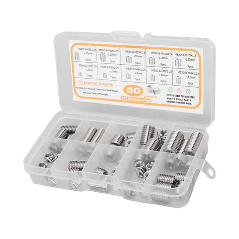 Ultimate 50-Piece Stainless Steel Threaded Inserts For M5x0.8 Repair Kit To Fix Stripped Threads And Restore Fastening Power On Metal Or Plastic Parts With Rust Proof Precision For Any Gnarly Industrial Job. plastic case with M5x0.8 stainless steel threaded inserts