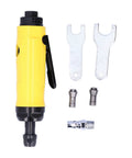 Compact Pneumatic Air Angle Die Grinder Featuring Sealed Ball Bearings And Knockout Performance For Nasty Rust Removal And Smooth One Hand Control On Job Sites And Garage Benches with wrench accessories.