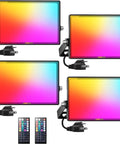 Set of four Smart WiFi RGB LED Flood Lights Outdoor With App Control And Alexa, IP66 Waterproof Uplights shown with remote controls