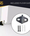 Gold Barn Door Hardware Kit For Sliding Doors, Modern Brushed Brass Finish, 6 Ft 7 In Track, shows floor guide and hardware
