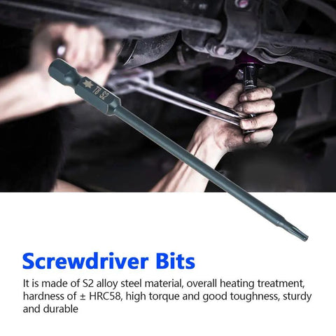 Heavy Duty Magnetic Hex Shank Screwdriver Bits Kit With 10 Pc T8 Star Security Heads Made From Tough S2 Steel For High Torque Drilling And Power Tool Jobs That Need Serious Durability And Grip To Get The Work Done Right Away. 100mm T8 bit used under a car
