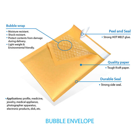 Gold Kraft Paper Bubble Padded Envelopes Mailers 9.5X14.5 Self Seal with bubble lining, showing peel and seal feature