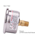 Side view of Two Inch Dial Pool Filter Pressure Gauge Glycerin Filled Water Pressure Gauge with 304 Stainless Steel Case One Quarter Inch NPT Center Back Mount