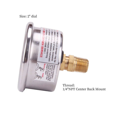 Side view of Two Inch Dial Pool Filter Pressure Gauge Glycerin Filled Water Pressure Gauge with 304 Stainless Steel Case One Quarter Inch NPT Center Back Mount