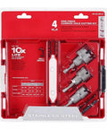 Killer Four Piece One Piece Carbide Hole Cutter Set Includes Three Precision Drill Bits With Adjustable Depth Stop Collar And Secure Three Flat Shank For Tough Metal Work On Job Sites Every Time, displayed in packaging.
