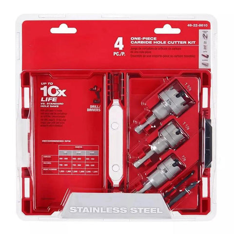 Killer Four Piece One Piece Carbide Hole Cutter Set Includes Three Precision Drill Bits With Adjustable Depth Stop Collar And Secure Three Flat Shank For Tough Metal Work On Job Sites Every Time, displayed in packaging.