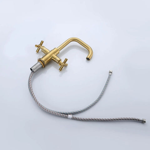 Modern Brushed Gold Bathroom Sink Faucet With 360 Degree Swivel Spout, flexible hoses, and dual cross handles