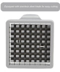 Front view of a manual French fries cutter with stainless steel blades for potatoes, carrots, and cucumbers