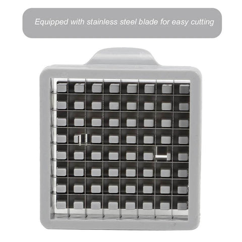 Front view of a manual French fries cutter with stainless steel blades for potatoes, carrots, and cucumbers