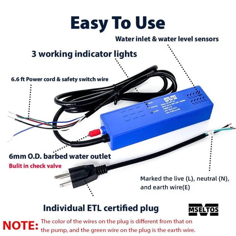 6.4 GPH Condensate Pump For HVAC Drip Pan With 50 Ft Max Head Automatic Safety Switch showing cords and indicators