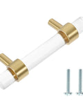 Sleek Crystal Cabinet Pull Handle Set For Cabinets And Drawers, Acrylic And Copper Knob With 64mm Hole Spacing, includes mounting screws.