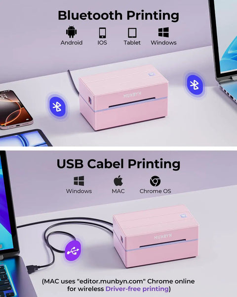 Bluetooth Thermal Label Printer 4x6 Shipping For Small Business And Home Office Fast Wireless Label Printer Up To 72 Labels Per Minute Inkless Cost Saving Works With iPhone Android iPad Windows macOS Chrome Etsy eBay; pink printer shown with devices for Bluetooth and USB printing.